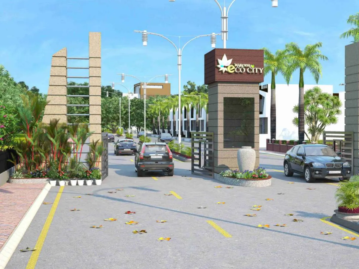 Eco City entrance gate render with wide road