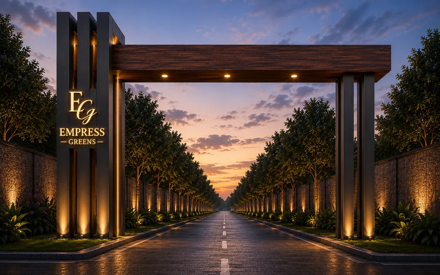 Empress Greens entrance gate render with tree-lined road at sunset