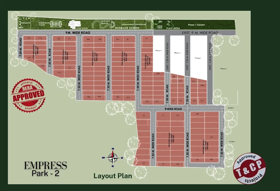 Layout plan of Empress Park Phase 2 with plots, 9 m and 7.5 m roads, garden and play area