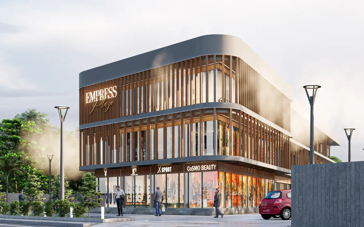 Corner view render of Empress Plaza with wooden fins and glass shopfronts