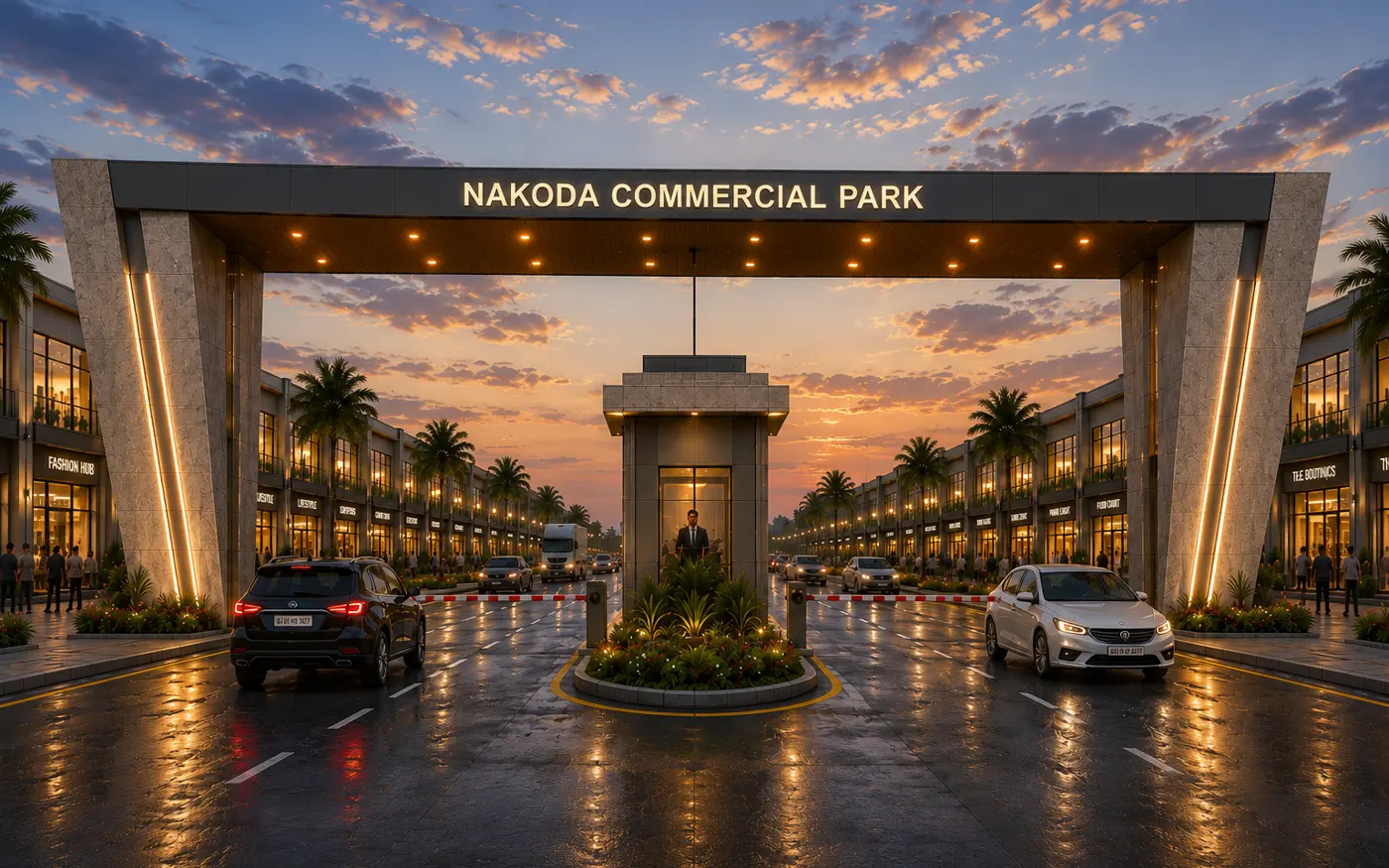 Grand entrance gate of Nakoda Commercial Park at sunset