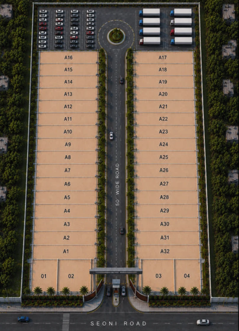 Layout plan of Nakoda Commercial Park showing plots A1 to A32 and 01 to 04 along a 50 ft road from Seoni Road, with truck and car parking at the far end