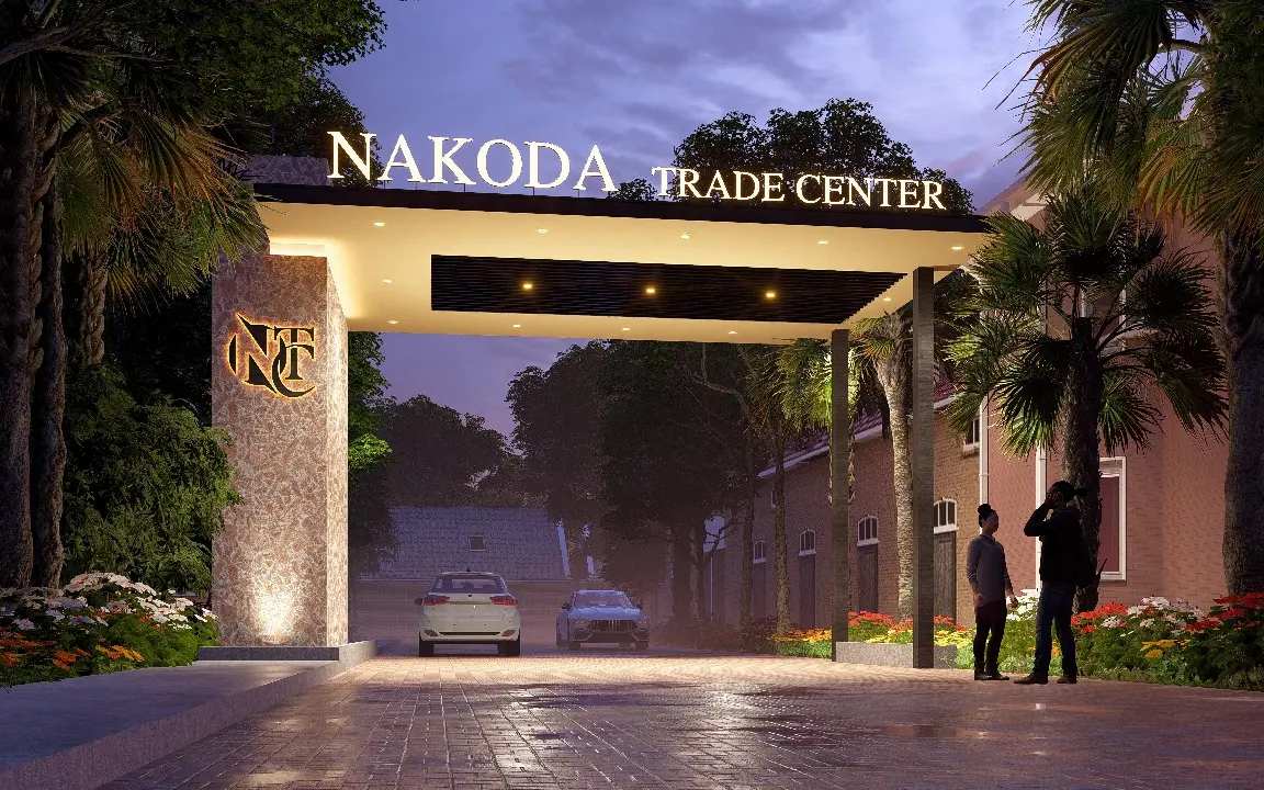 Render of the Nakoda Trade Center entrance gate at dusk