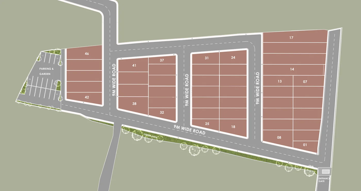 Layout plan of Nakoda Trade Center with plots 01 to 46 on 9 m roads, parking and garden, and entrance gate