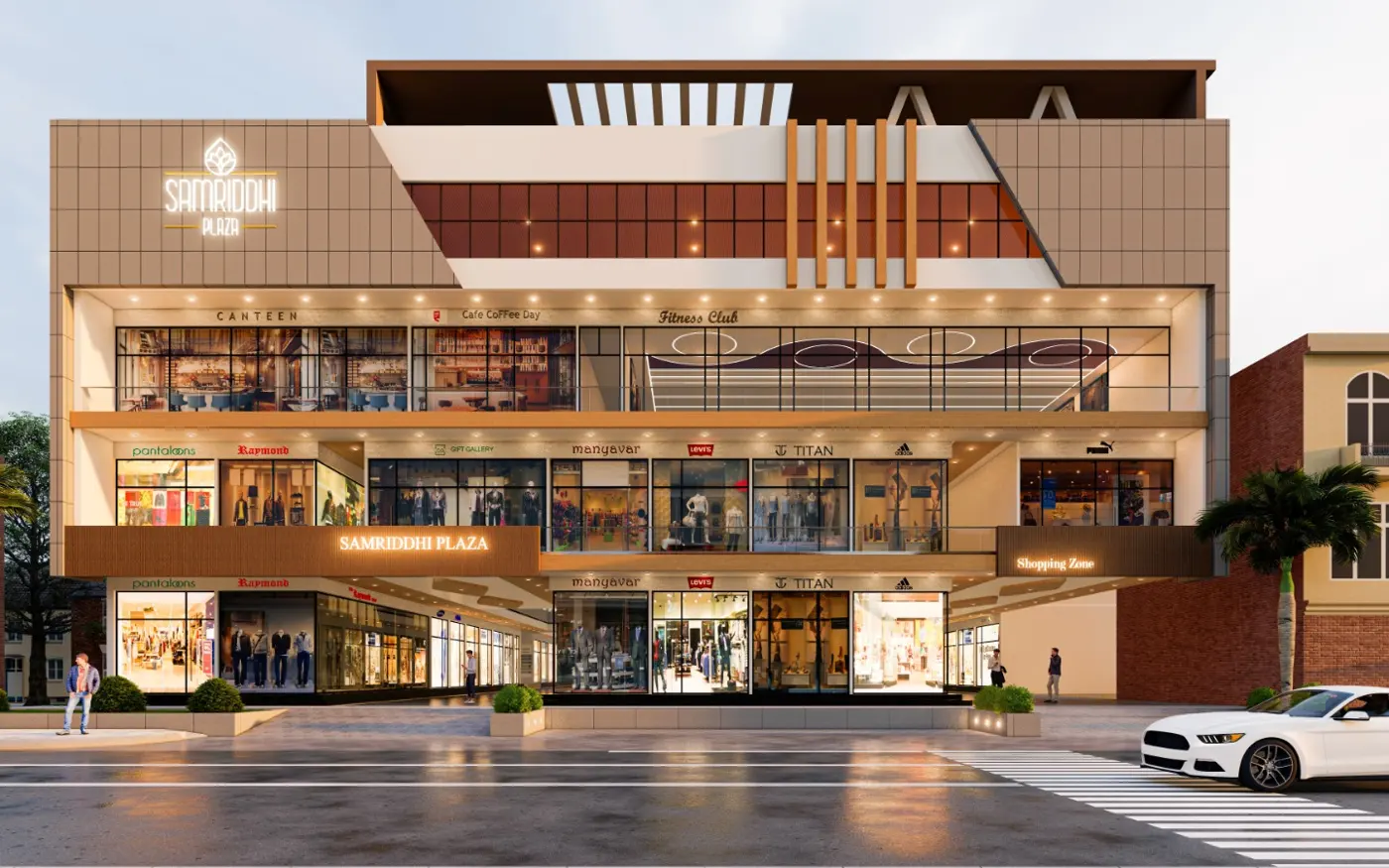 Front elevation render of Samriddhi Plaza with shops on two levels