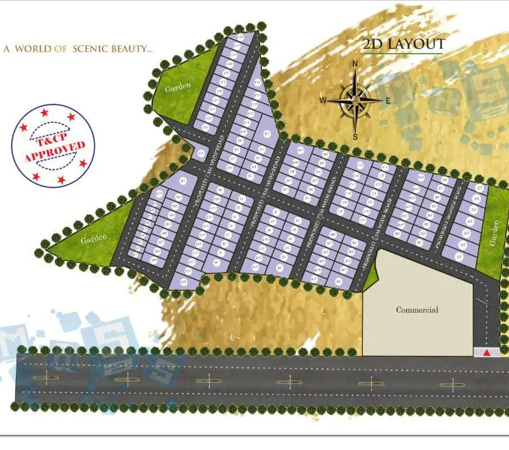 Swarn Vihar 2D layout plan with plots, internal roads, garden and commercial block on the main road