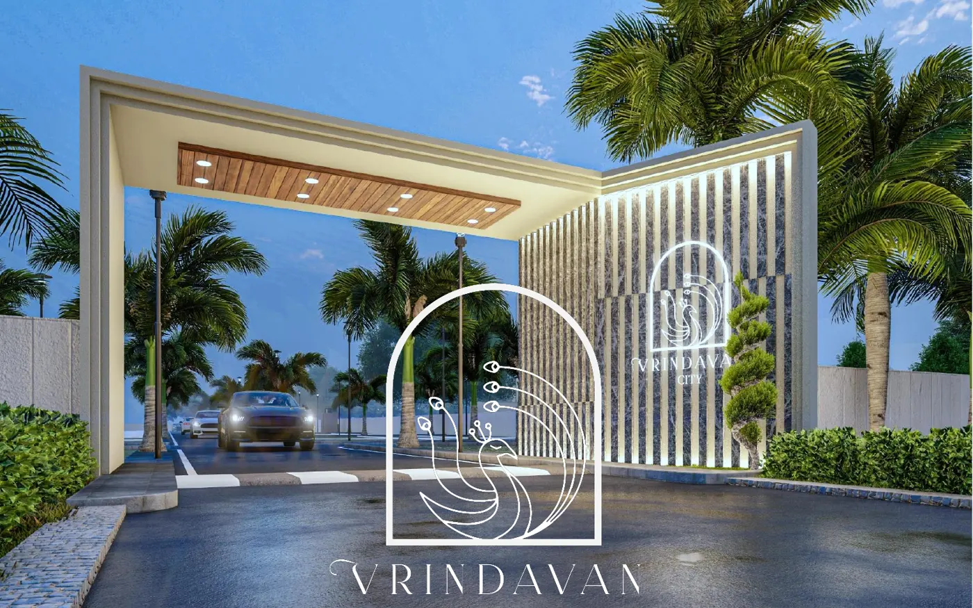 Vrindavan City entrance gate render with peacock logo