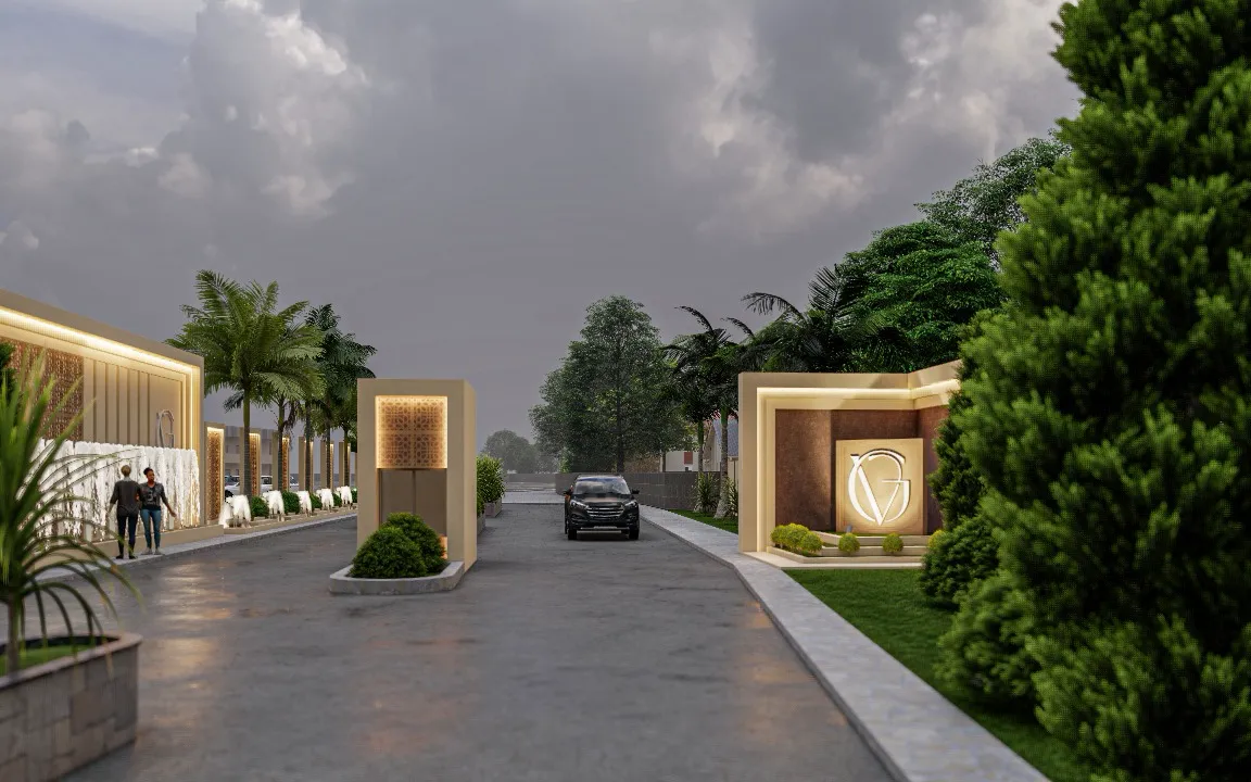 Vrindavan Greens entrance wall with VG monogram, water features and jaali panels